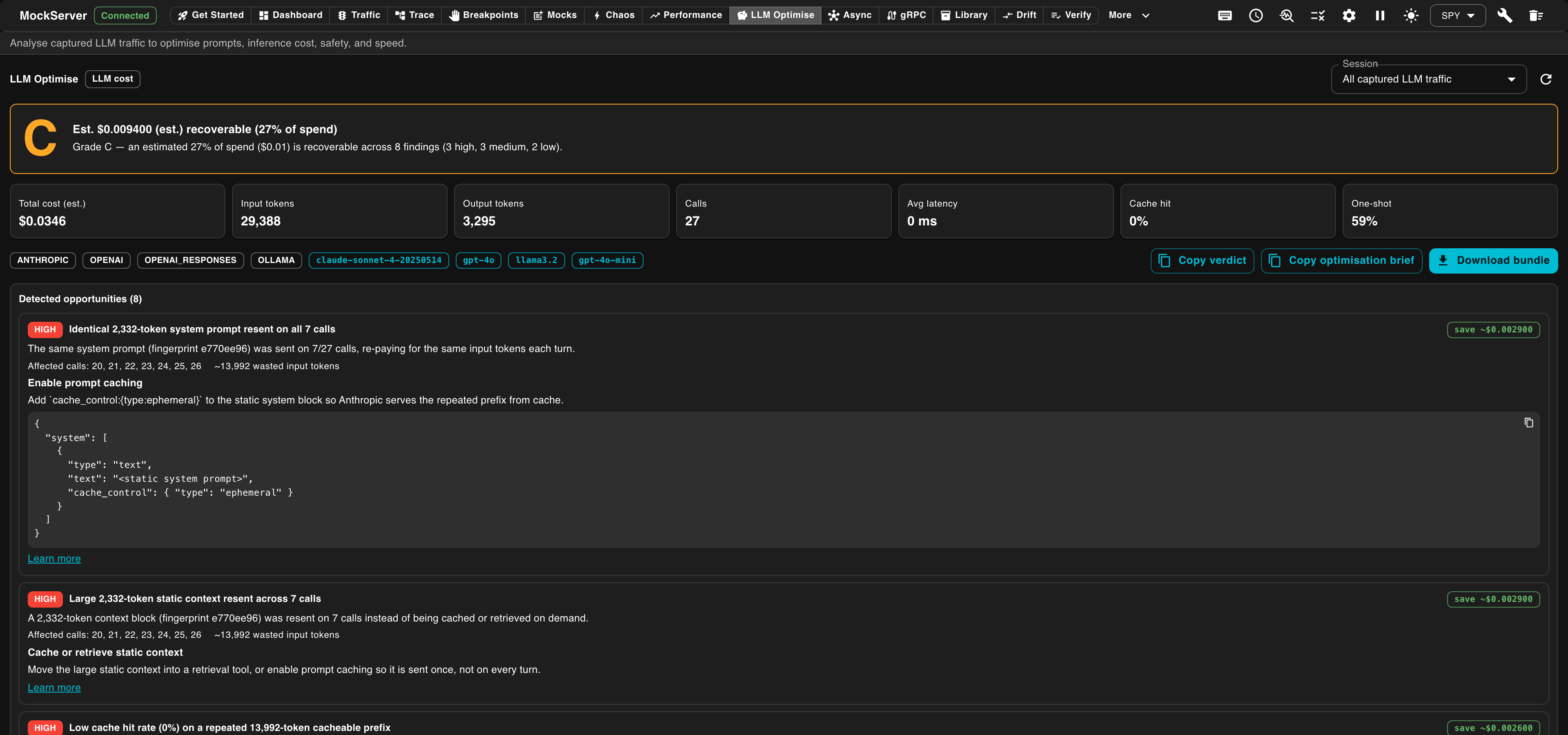 MockServer dashboard LLM Optimise screen — verdict, hero cards, and detected opportunities