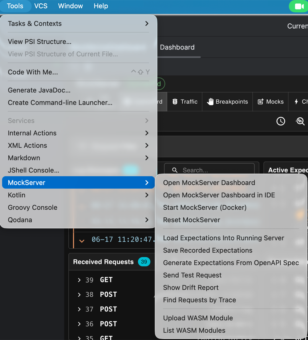 Tools > MockServer menu in IntelliJ IDEA