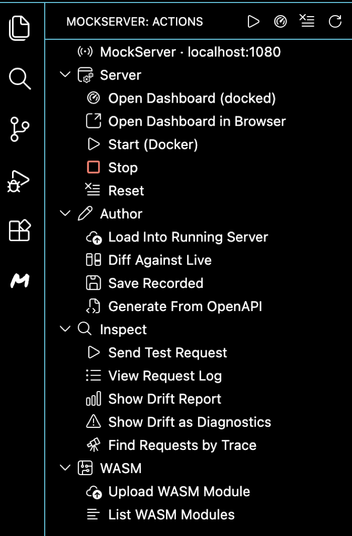 MockServer side panel in the VS Code Activity Bar with grouped actions